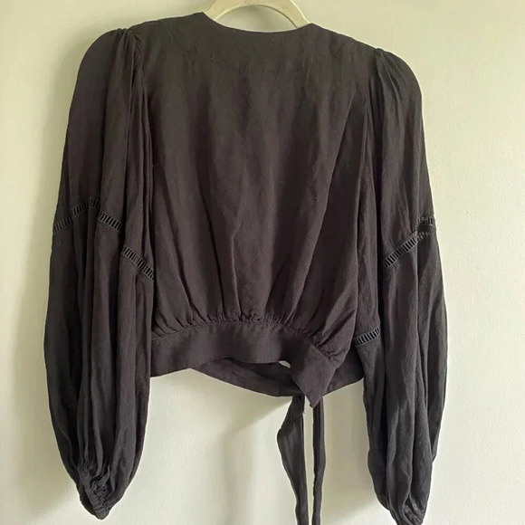 FREE People Black Dream Girl Wrap Puff Sleeve Tie Crop Blouse Size XS - Picture 7 of 11